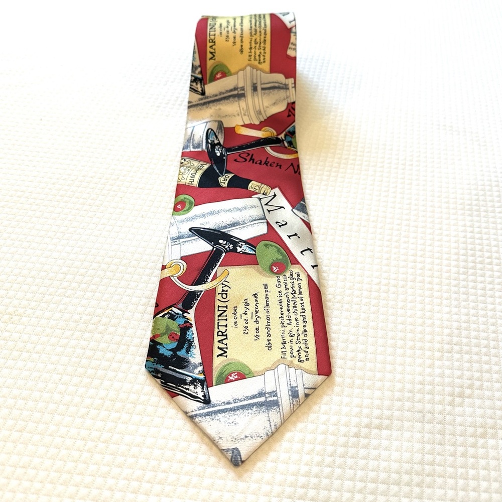 Wolfmark 100% Silk Red Martini Cocktail Theme Print Tie Bartender Waitstaff 🍸🍸